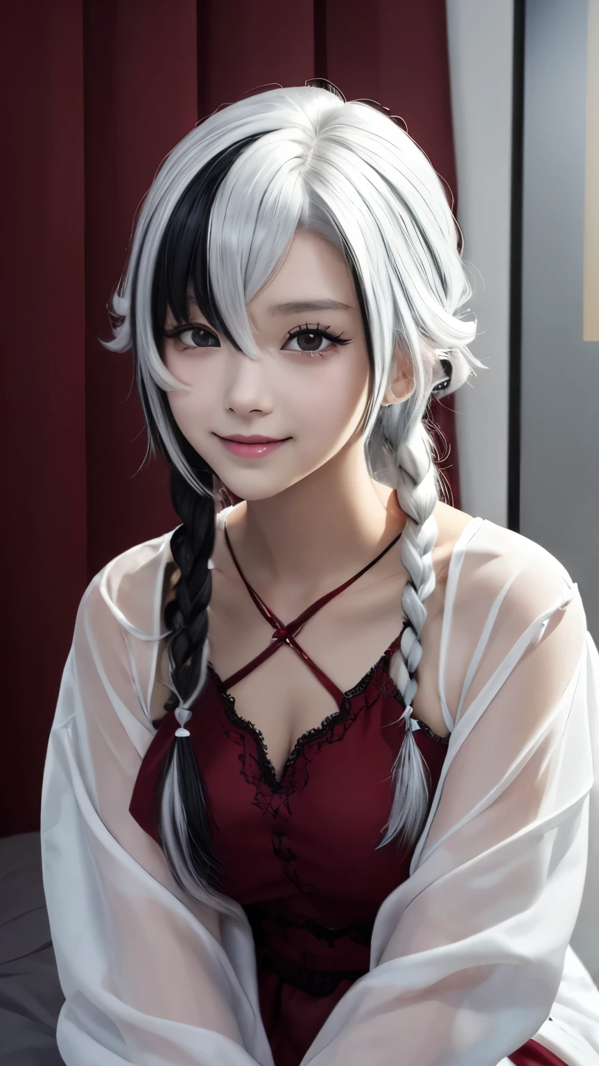 (masterpiece:1.3)、(8K、Realism、RAW photos、Highest quality:1.4)、(1 girl 8 )、little gile,Beautiful face、Big breasts,(White hair,Black Hair,Colorful Hair,short hair,Straight Hair,Long braids,Glowing red eyes,Red X pupil,)、Realistic eyes、(Realistic skin),Beautiful Skin,(chiffon),chiffon连衣裙,very cute((,Full shot:1.8) ),bedroom
