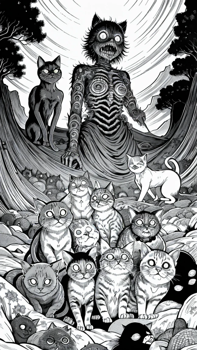 Group of creepy cats by Junji Ito, Horror Manga, grotesque, creepy, high detail, intricate background, hand drawn, masterpiece