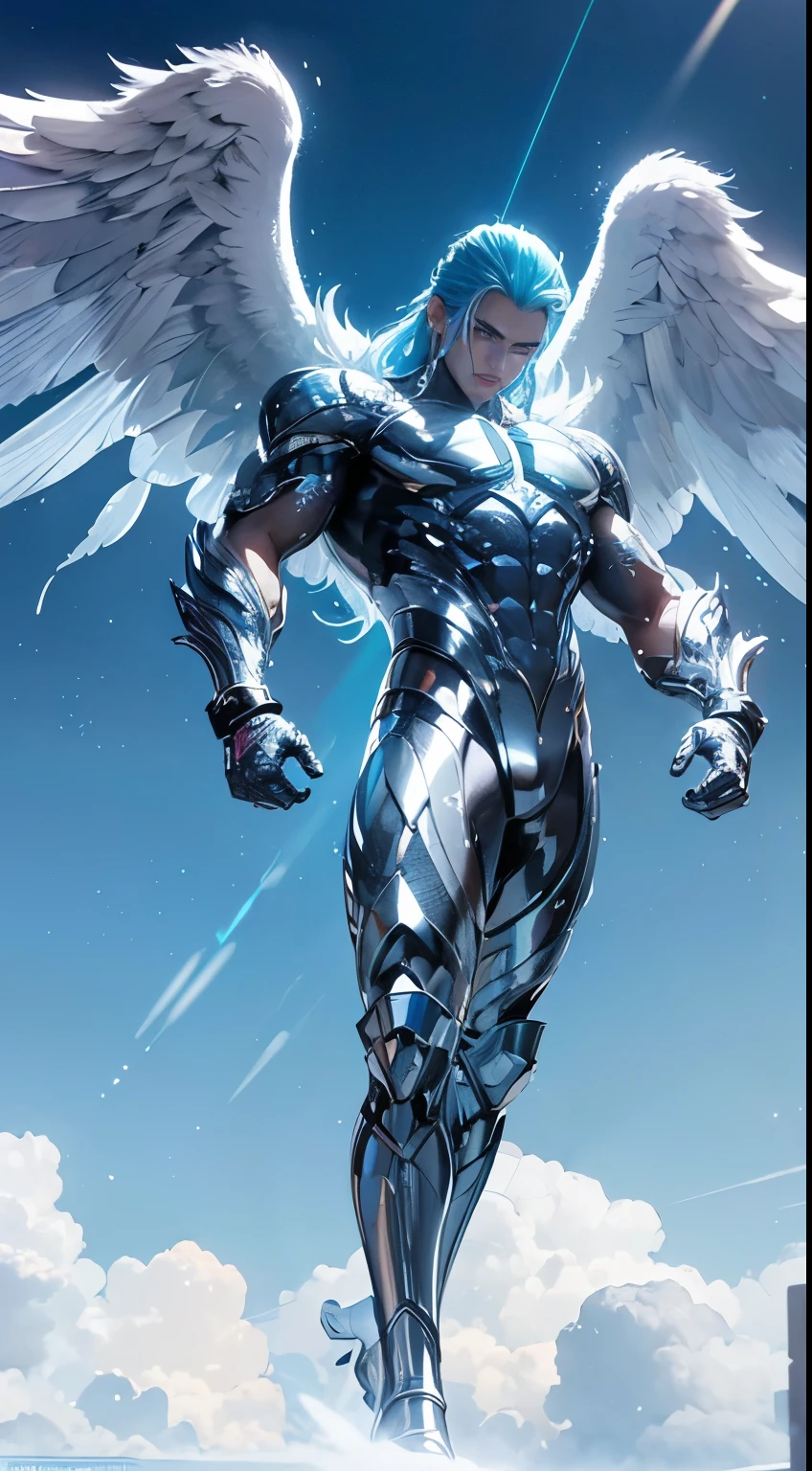 (mid_shot:1.3),(1 male:1.2),(muscle man:1.1),(frontal illumination:1.2),with a silver body and glitters with lights above,extreme iridescent reflection,in the style of vray tracing,vibrantmanga,shiny/ glossy,rococo pastel,fluid form,tinycore,fluid impressions,vray,machine aesthetics,yanjun cheng,silver,shiny eyes,fluidform.,the young warrior,male characteristics,