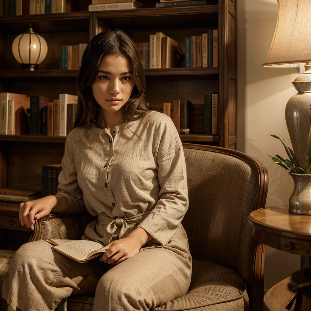Female supermodel. Reading in a home library where East meets West. She's seated in an antique French armchair, wearing a stylish yet comfortable outfit, surrounded by a heavy French wooden bookcase and minimalist Japanese decor. Soft, ambient lighting highlights her serene expression.