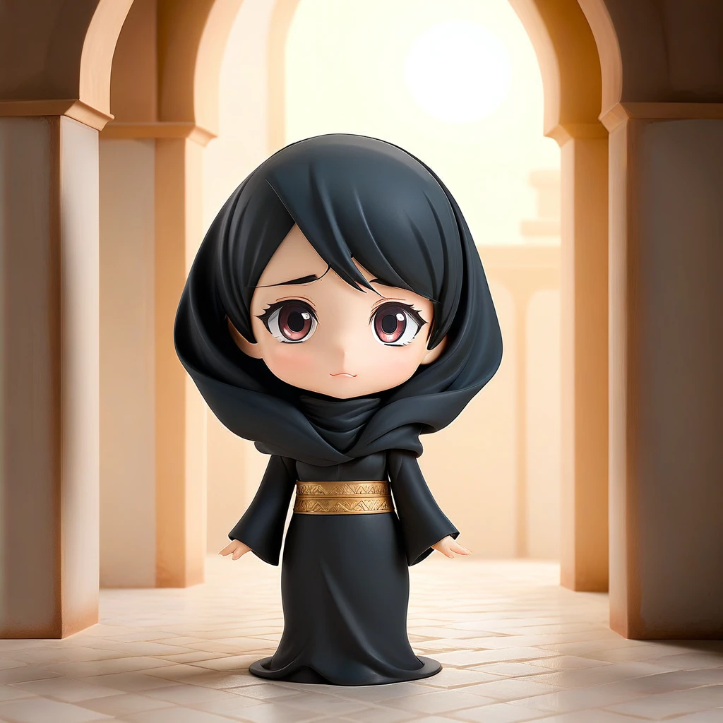 Very detailed,(Highest quality),((masterpiece)),(High resolution),original,Very detailed 8k 壁紙,(Very delicate and beautiful),Highest_hand,anime, One Girl, Woman in Arabian costume, Wearing a black abaya, A black hijab covering the head, Black niqab covering the mouth, Standing on a cobblestone street lined with sturdy stone buildings. Strong sunlight, Gives off a slightly dusty vibe. Magnificent Arabian palace building.