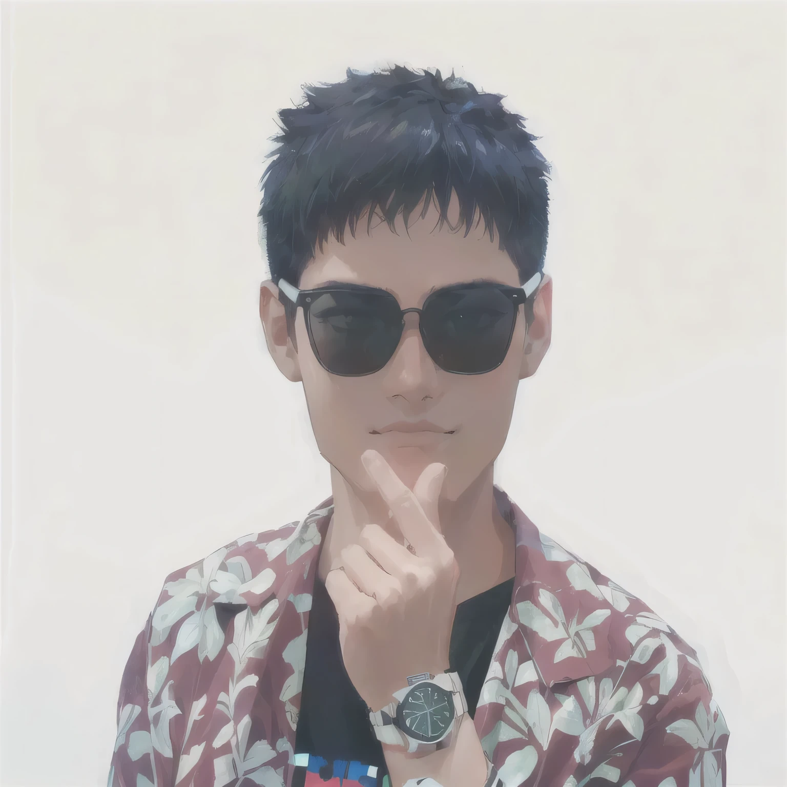 A handsome man wearing sunglasses and a watch posing for a photo, masterpiece, best quality, illustration, science fiction, black green theme, 1boy, solo, male focus, cute, handsome, yougth, teenager, summer, humanoide, cinematic shot, love gesture, upper body, gradient hair