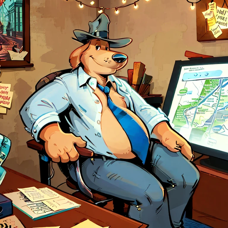 Solo male, sam, dog, tall, stocky body, slightly chubby, mature, long droopy dog ears, black eyes, brown fur, blue grey suit and pants, blue grey hat, blue and black striped necktie, (by dramamine), (hi res, best quality, high quality, detailed, shaded, shading, masterpiece:1.2), detailed clothing, smirk, seductive smile, (white Open shirt:1.5), (necktie removed), sitting in office chair