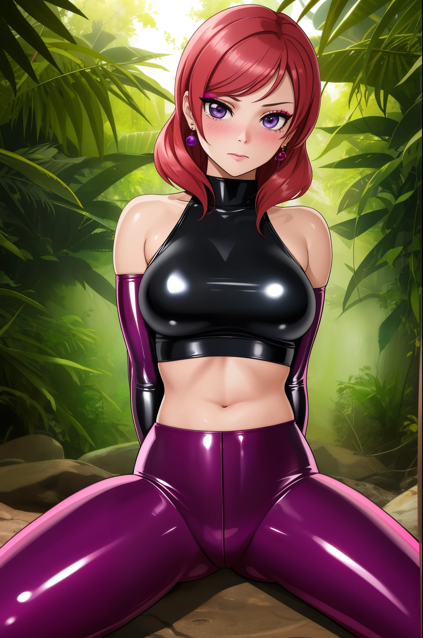 (ultra realistic,32k,RAW photo:1.1),(high detailed skin:1.1), 8k uhd, dslr, high quality, film grain, (makeup, mascara:1.1),
(shiny glossy translucent clothing:1.1),
(busty:1.1) , (chubby:0.1),(backlight:1.1), nishikino maki, purple eyes, (pink tight crop top),halter neck ,breasts ,elbow gloves, (pink latex leggings), in jungle , (solo), earrings , blushing , embarrassed , arms behind back,busty breasts , spread legs