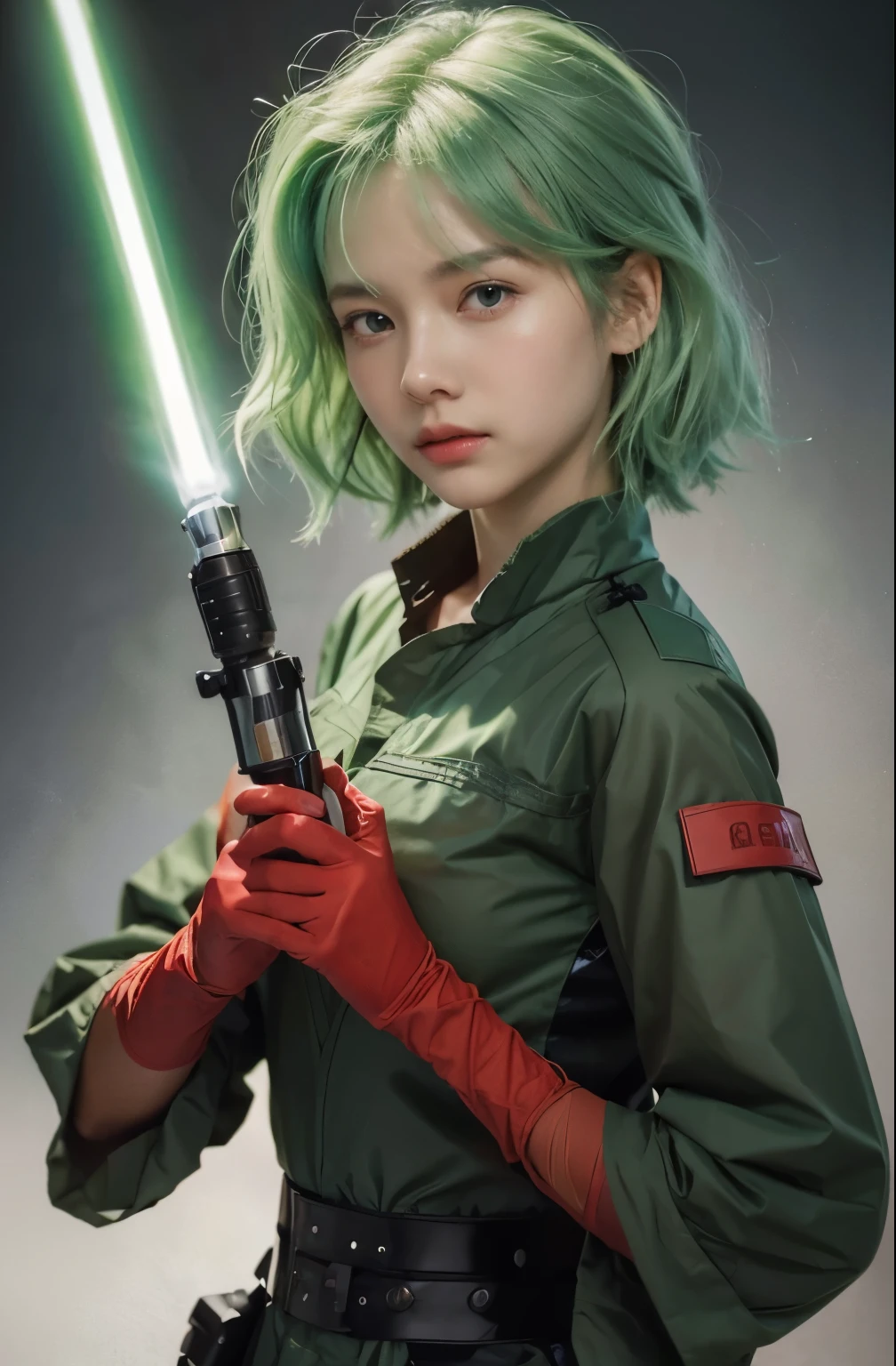 beautiful young woman. seventeen. light green hair. She wore a battle outfit based on red.. He held a lightsaber in one hand.. He had a serious expression on his face..