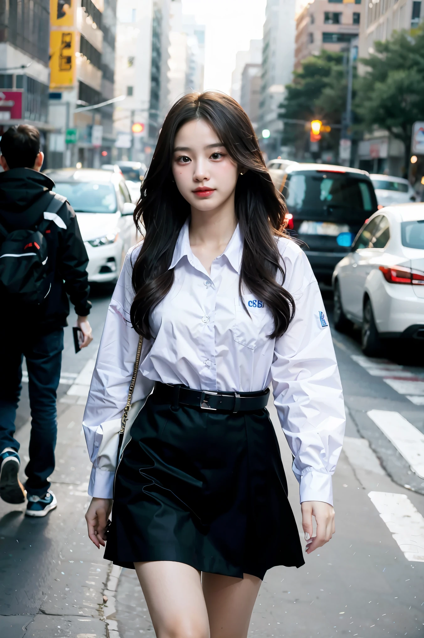Korean girl walking on the street, Movie style soft lighting effect