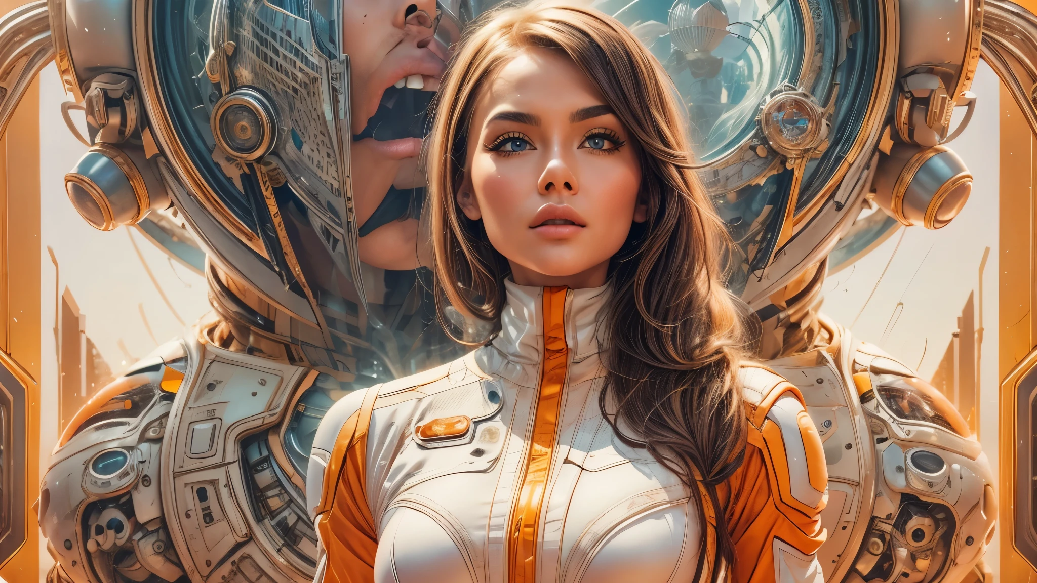 arafed image of a white woman in a futuristic suit with a spaceship in the background, movie art, in front of an orange background, inspired by Robert McGinnis, female protagonist, megastructure in the background, portrait of an ai astronaut, astronauts, an astronaut, portrait of a astronaut skeletor, perfect android girl, Highly Detailed Face and Skin Texture, Detailed Eyes, Double eyelids, perfectly detailed teeth, frank franzzeta and sakimichan  