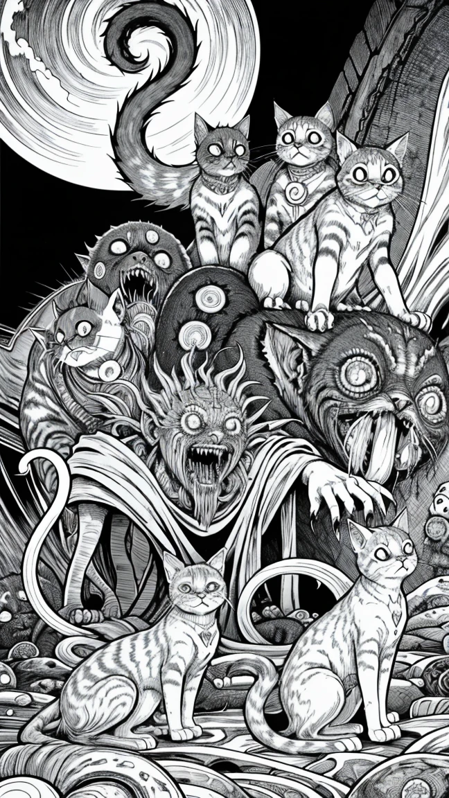 Group of devil cats by Junji Ito, Horror Manga, grotesque, creepy, high detail, intricate background, hand drawn, masterpiece 