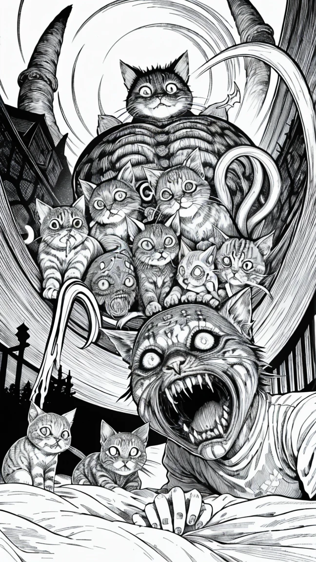 Group of devil cats by Junji Ito, Horror Manga, grotesque, creepy, high detail, intricate background, hand drawn, masterpiece 