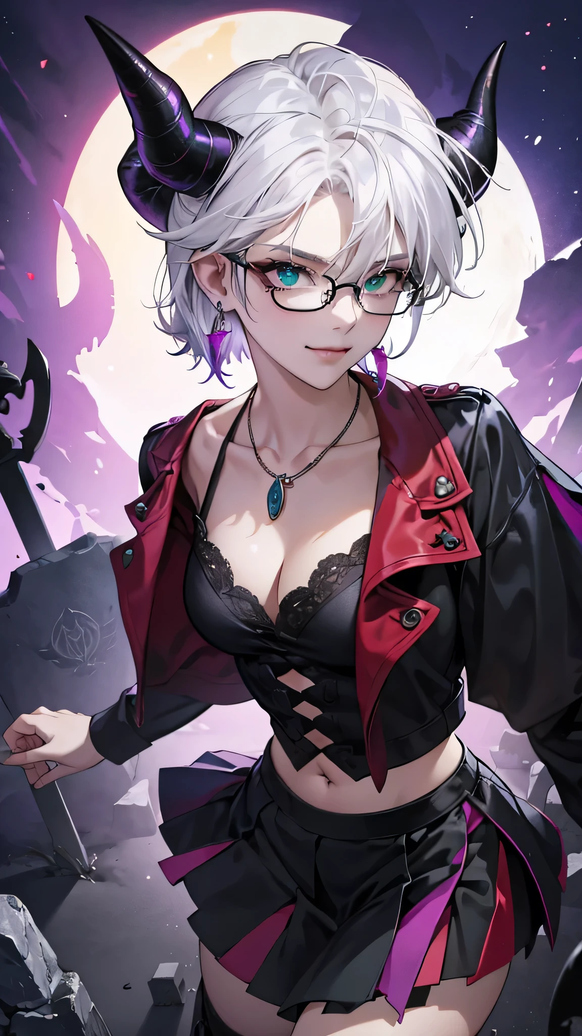 8k, masterpiece, best quality, highly detailed, 1girl, tiefling, necromancer, solo, multicolored hair, very short straight hair green highlight hair on white hair, strippled hair, wearing glasses, round glasses, earrings, necklace, navel piercing, collarbone, cleavage,  short tight skirts, high heels, mole, glamorous, teal and purple clothing, villainy, smirk, seductive pose, close ups view, rings, looking at viewer, standing, demon horns, graveyard, skeletons, midnight, blue moon.