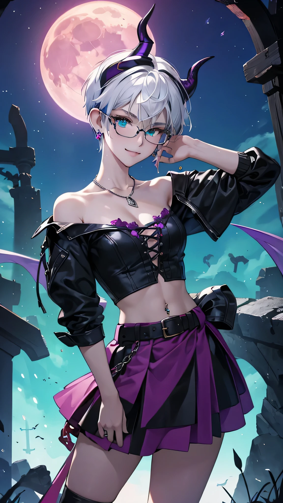 8k, masterpiece, best quality, highly detailed, 1girl, tiefling, necromancer, solo, multicolored hair, very short straight hair green highlight hair on white hair, strippled hair, wearing glasses, round glasses, earrings, necklace, navel piercing, collarbone, cleavage,  short tight skirts, high heels, mole, glamorous, teal and purple clothing, villainy, smirk, seductive pose, close ups view, rings, looking at viewer, standing, demon horns, graveyard, skeletons, midnight, blue moon.