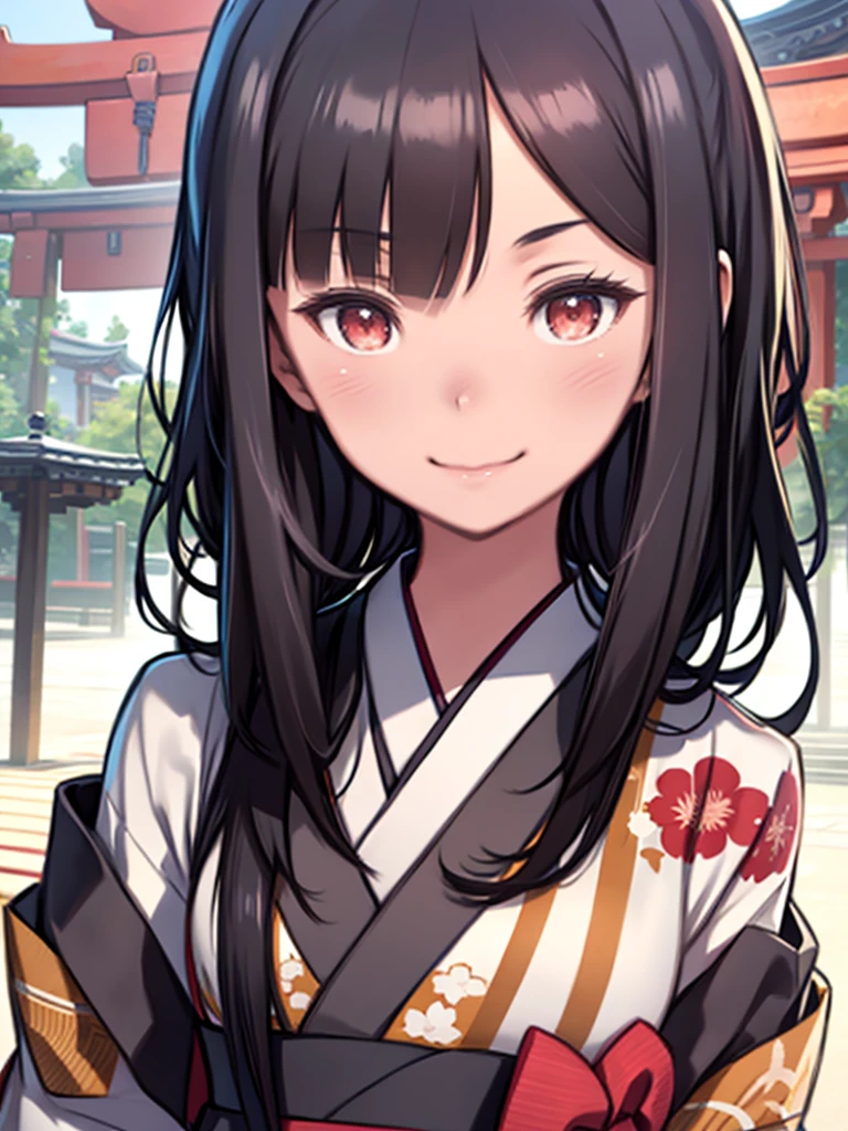 赤い門の前に立つkimono姿の女性、(Pieces fly), (highest quality), Very detailed, 1 girl, Focus Only，Perfect Face, Pretty face, Very detailed顔，(Black-haired:1.3)，(Red eyes:1.3)，Light，smile，new year，(kimono:1.4)，shrine