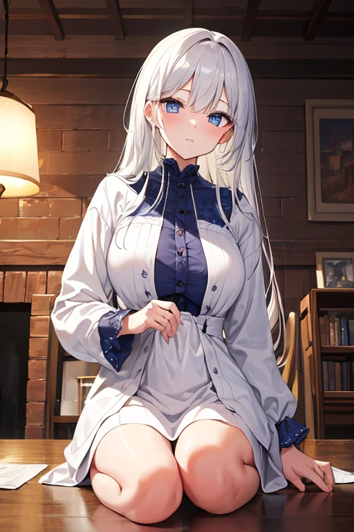 (absurderes、hight resolution、ultra-detailliert)、1girl in、a matural female、white hair、length hair、bluntbangs、blue eyess、doress、long-sleeve、Finely detailed eyes and detailed face、intricate-detail、BREAK Mosaic Art、small pieces、colorful tesserae、complex pattern、Tiled design、durable surfaces、Old fashioned technique BREAK macro photography、intricate-detail、Enlarged texture、Stunning clarity、Hidden beauty、Immersive perspective BREAK、 artisanal creations、Handmade products、unique designs、intricate detailes、Creative expression、skilled craftsmanship、huge tit、Best style