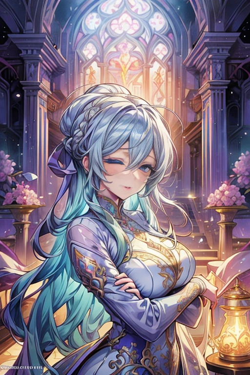 A woman in a wedding dress stands in front of a flower arch, very magical and dreamy, luxurious wedding, ethereal fairy tale, Rich pastel color palette, Ethereal dreamy theme, Long luxurious flowing gown, dreamy and detailed, fantasy long intricate gown, Long luxurious complex gown, The setting of a fairy tale:, soft elegant gown, in a whimsical fairytale forest, dreamy and ethereal、Woman in white dress standing in front of building with lots of flowers, anime fantasy artwork, anime fantasy illustration, a beautiful artwork illustration, beautiful anime artwork, elaborate digital art, intricate ornate anime cgi style, anime art nouveau cosmic display, beautiful anime art, beautiful digital works of art, beautiful fantasy anime, Detailed anime artwork, Detailed Digital Anime Art, dreamy psychedelic anime