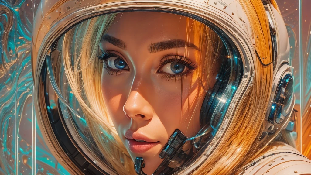 arafed image of a white woman in a futuristic suit with a spaceship in the background, movie art, in front of an orange background, inspired by Robert McGinnis, female protagonist, megastructure in the background, portrait of an ai astronaut, astronauts, an astronaut, portrait of a astronaut skeletor, perfect android girl, Highly Detailed Face and Skin Texture, Detailed Eyes, Double eyelids, perfectly detailed teeth, frank franzzeta and sakimichan  
