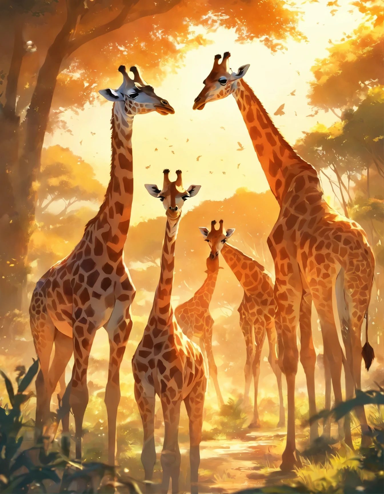 Giraffes in the wild in the afternoon sun.