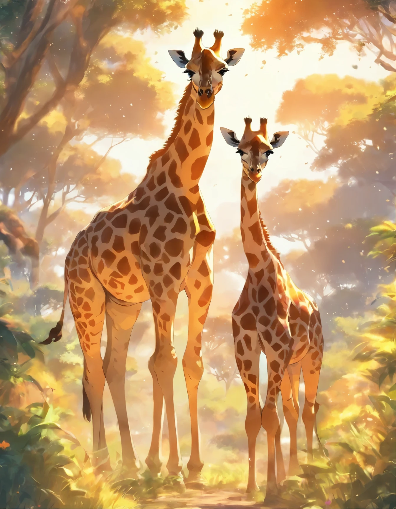 Giraffes in the wild in the afternoon sun.