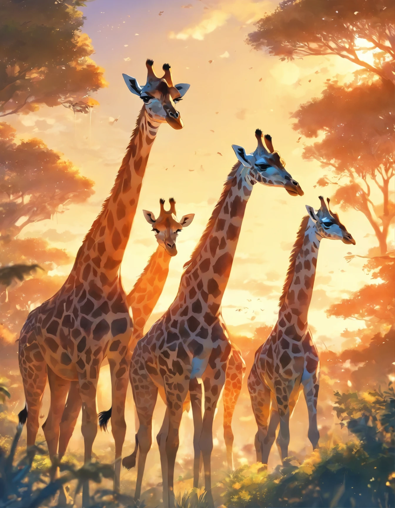 Giraffes in the wild in the afternoon sun.