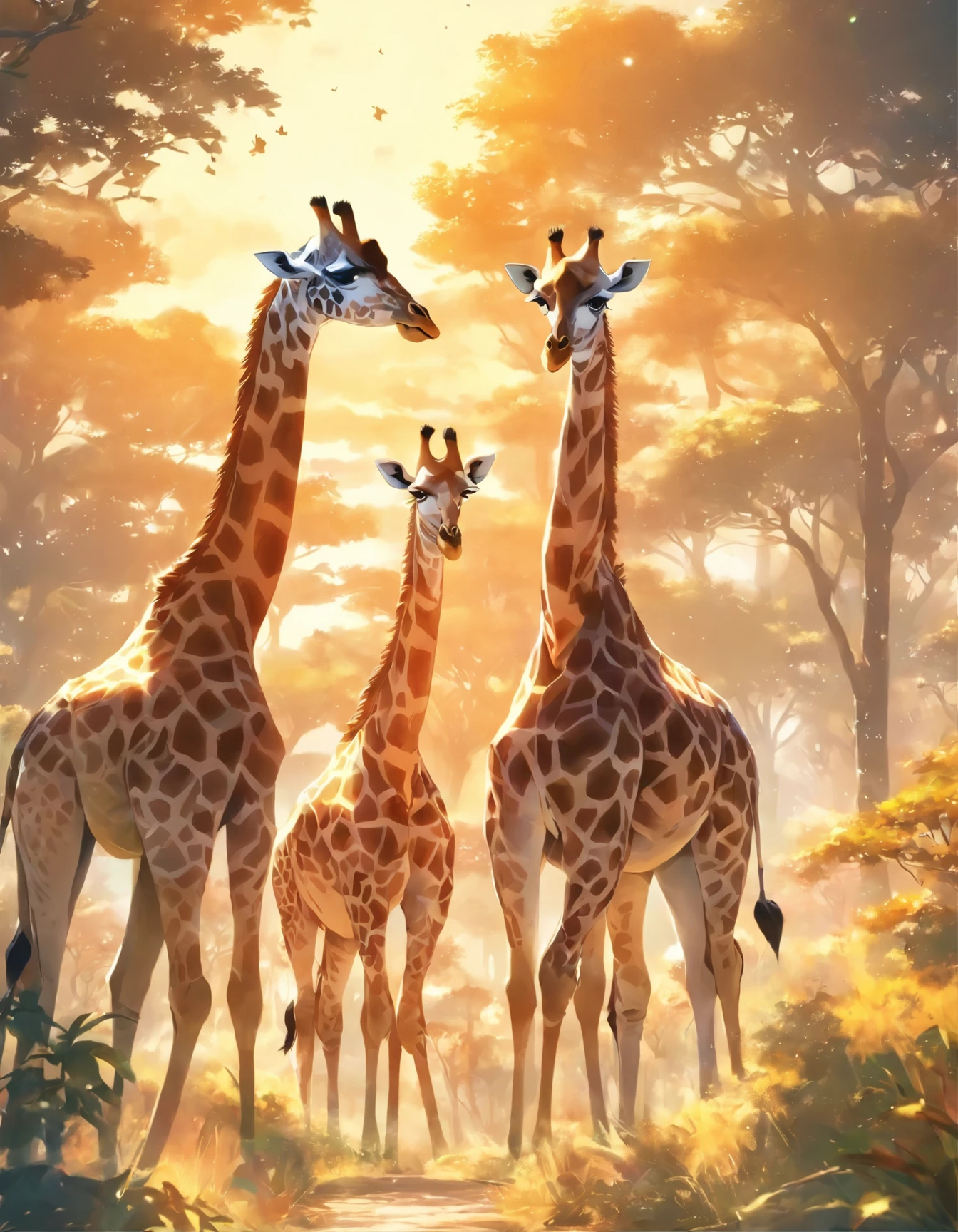 Giraffes in the wild in the afternoon sun.