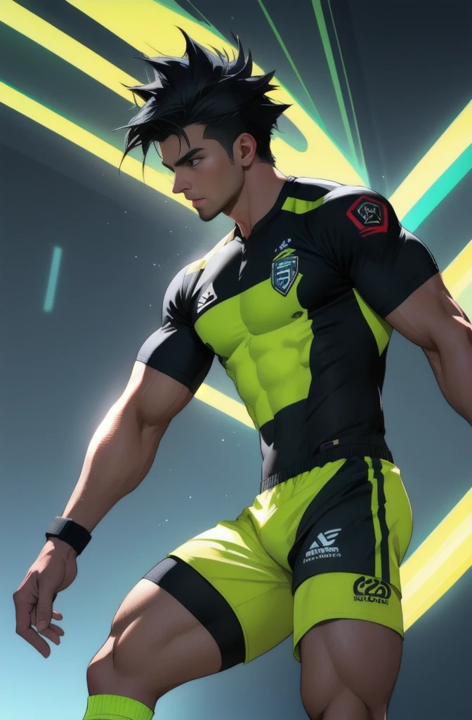 One hunk solo, male pecs focus, tight sportswear, realistic, shorts, soccer, tight soccer uniform, black hair, socks, manly, holding a ball, standing, slim waist, kneehighshotmasterpiecebest qualityultra detailed, muscular man, unity 8k wallpaperneon lighting, (vibrant glow):1.2, dynamic colors, striking contrast, futuristic vibe, electric energy, reflective surfaces

