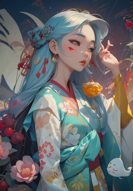 araffe asian woman in a red and yellow bikini and a bunch of grapes, organic seductive geisha, gorgeous chinese model, trending at cgstation, Ghost Festival, hanfu, shunga style, with acient chinese clothes, white hanfu, japanese goddess, traditional chinese, japanese model, inspired by Lan Ying, trending on cgstation