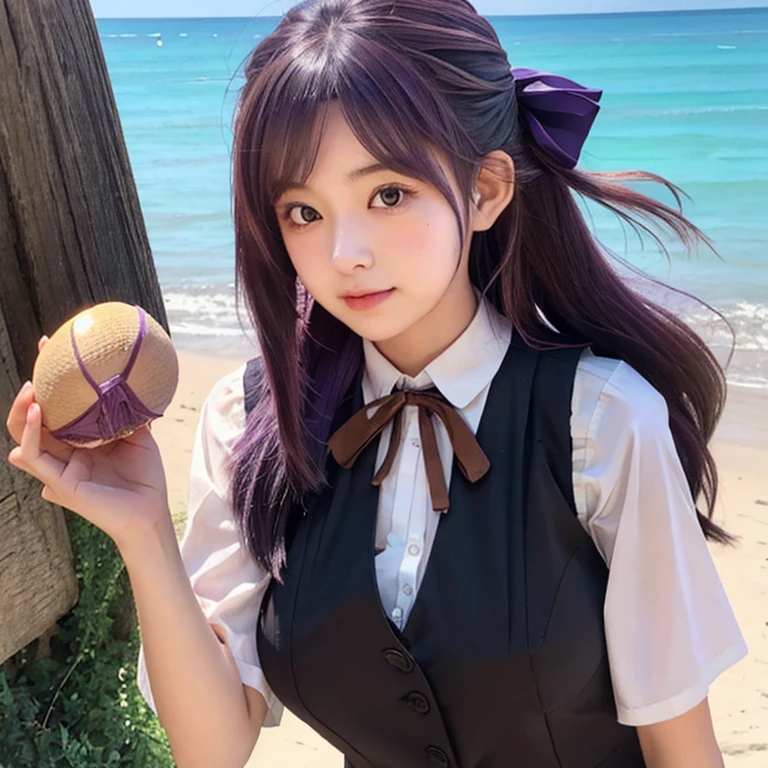 1girl, solo, 18yo, hagikaze_kantaicollection, long_hair, purple_hair, one_side_up, ahoge, brown_eyes, blush, vest, neck_ribbon, big breasts, black_vest, blouse, beach 