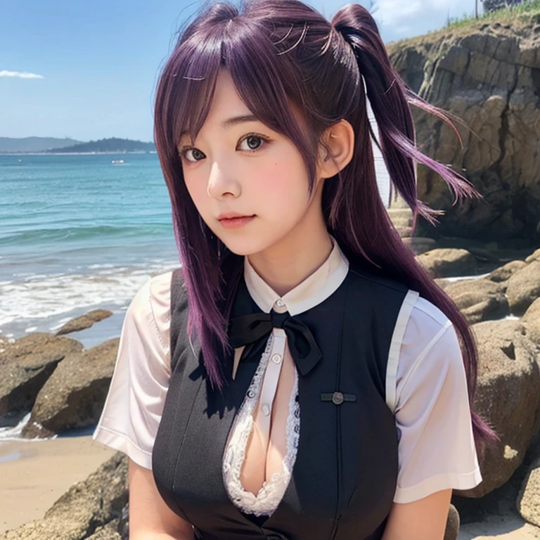 1girl, solo, 18yo, hagikaze_kantaicollection, long_hair, purple_hair, one_side_up, ahoge, brown_eyes, blush, vest, neck_ribbon, big breasts, black_vest, blouse, beach 