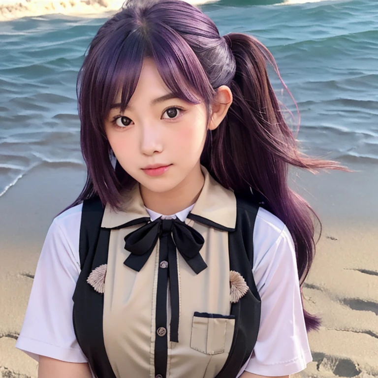 1girl, solo, 18yo, hagikaze_kantaicollection, long_hair, purple_hair, one_side_up, ahoge, brown_eyes, blush, vest, neck_ribbon, big breasts, black_vest, blouse, beach 