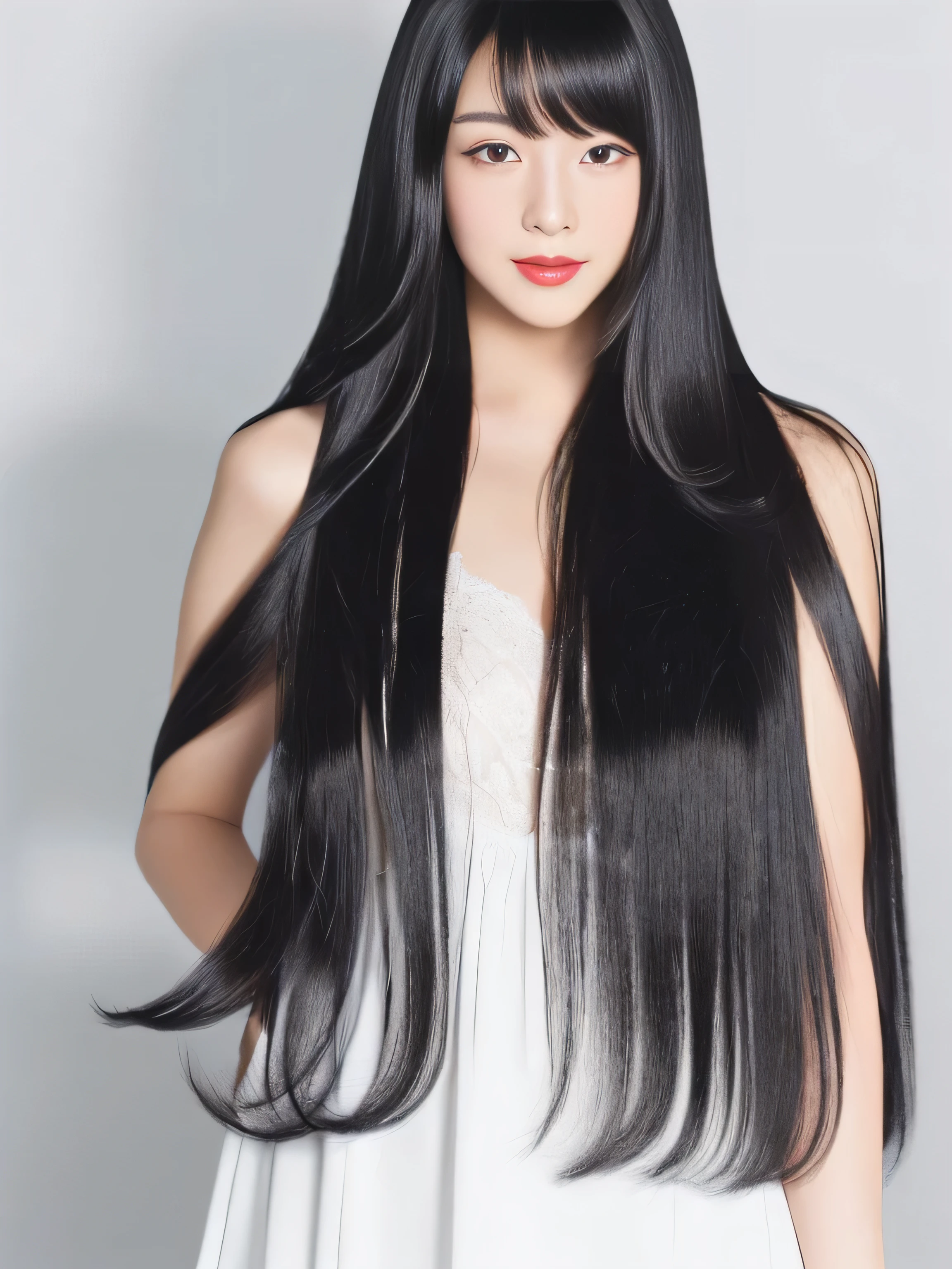(Full Body Shot) (Professionally lit white walls) Beautiful 18 year old woman with long black hair, girl with super length Hair, extremely length Hair, extra length Hair, very long, Flowing Hair, very length Hair, length Hair girl, very long, Flowing black hair, length Hair windy, Very long black hair, length, Flowing Hair, length and curly hair, with length Hair, length Hair!!!! ((Stand in front of a mirror、18 year old Japanese model with long thin black hair, Her highest quality hair is long and straight., very long, highest quality black hair, length hair in the center, Highest quality long straight hair, length, straight, beautiful, High quality hair, length and free black highest quality straight hair, length Hair, length and straight, highest quality black hair, Perfect silky straight hair of the highest quality, straight, highest quality black hair, length black straight hair, length, Thin black hair Stand in front of a mirror Japanese with long black hair Her hair is long and straight, very long black hair, length hair in the center, length straight hair, length, straight, beautiful hair of the highest quality, length Hair, length, straight black hair, length and free straight black hair, straight black hair)) ((highest quality)) ((masterpiece)), (Familiar) (Get used to it) (She has a perfect face and beautiful hair.) (Her skin is a typical Japanese skin color...............、Very detailed) she is wearing a white dress (She has a beautiful face and a slim figure..) (Her bangs are neatly trimmed、It is straight.) (She has perfect beautiful makeup and face Lipstick is light red) ((Rich 1.4)) (Extremely detailed 8K) (Ultra-fine skin texture 1.4) (Actual, Vibrant:1.4), double eyelid Sharp focus:1.2、Beautiful woman:1.4 Dynamic Lighting (Genuine RAW photos taken by professional photographers) (Her long bangs、Well Organized) (Turn your whole body to the viewer) (She is posing to show the viewer as much hair as possible.......:1.3) (Pose to make your hair look as wide as possible) (Pose to make your hair look as wide as possible) (Pose to make your hair look as wide as possible) (Standing pose with back to viewer)