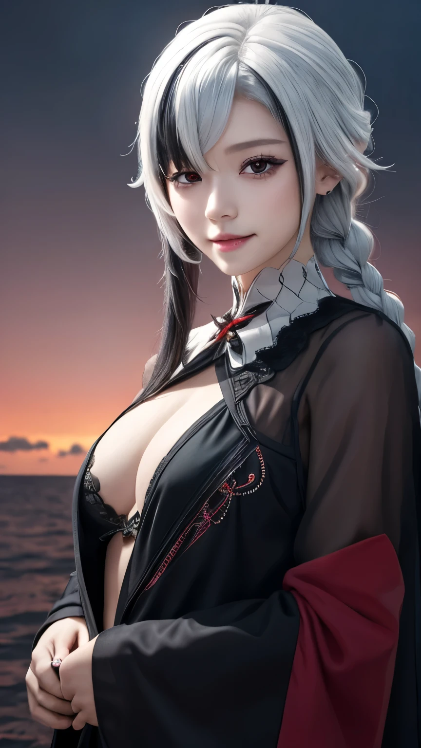 (masterpiece:1.3)、(8K、Realism、RAW photos、Highest quality:1.4)、1 girl,8 year-old、,Smile,Beautiful face、Big breasts,(White hair,Black Hair,Colorful Hair,short hair,Straight Hair,Long braids,Glowing red eyes,Red X pupil,)、Realistic eyes、(Realistic skin),Beautiful Skin,(chiffon),chiffon连衣裙,very cute((,Full shot:1.8) ),Sea background