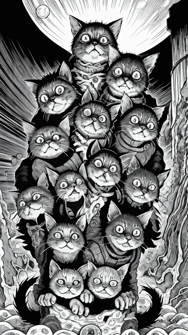 Group of devil cats by Junji Ito, Horror Manga, grotesque, creepy, high detail, intricate background, hand drawn, high contrast, masterpiece