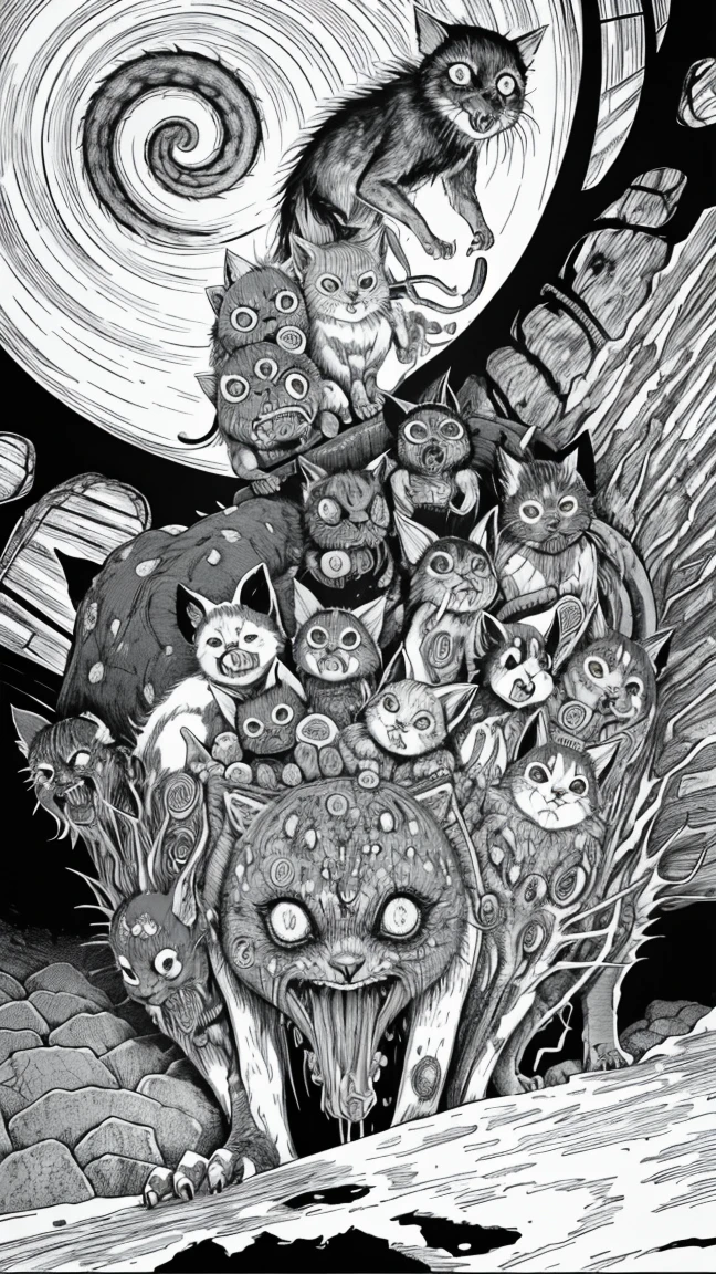 Group of devil cats by Junji Ito, Horror Manga, grotesque, creepy, high detail, intricate background, hand drawn, high contrast, masterpiece