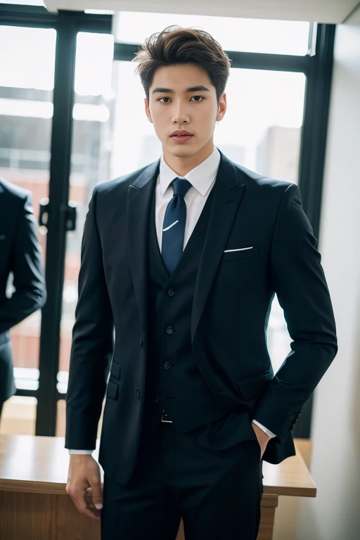 20-year-old refreshingly handsome new employee、（Super handsome in a sexy slutty suit）、20 years old Japan man、1 person、businessman、Ultra-luxury 、　s Office、Young handsome man standing、（Highly detailed photos in 8K）、（Very detailed handsome man）、Photo Real）、（top-quality）、ultra-detailliert、​masterpiece、An ultra-high picture quality、tall、Very beautiful hair、Bright photo、Handsome like a model、Handsome like an idol、epic reality , epic photorealistic, ultra realism , photorealistic  ,