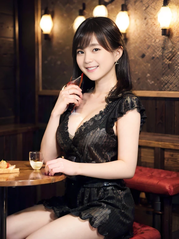 masterpiece、Japanese Gravure Idol、Red Lantern、Yakitori restaurant、She sits across the table、A woman with short black hair is drinking a cocktail across the table.、20-year-old、Small hands、Big Breasts、Beautiful legs、I can see her cleavage、There is a gap、She is wearing a black dress shirt and a tight black skirt.、Diamond earrings in the ears、Happy smile、laughing out loud、White teeth are visible、Delicate to the touch、Shiny Hair、8k