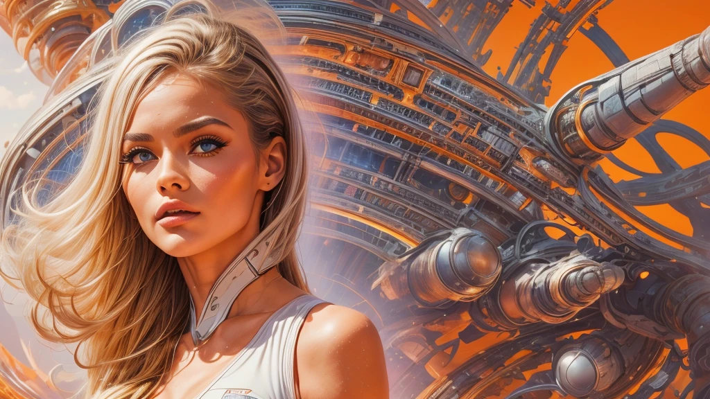 arafed image of a white woman in a futuristic suit with a spaceship in the background, movie art, in front of an orange background, inspired by Robert McGinnis, female protagonist, megastructure in the background, portrait of an ai astronaut, astronauts, an astronaut, portrait of a astronaut skeletor, perfect android girl, Highly Detailed Face and Skin Texture, Detailed Eyes, Double eyelids, perfectly detailed teeth, frank franzzeta and sakimichan  