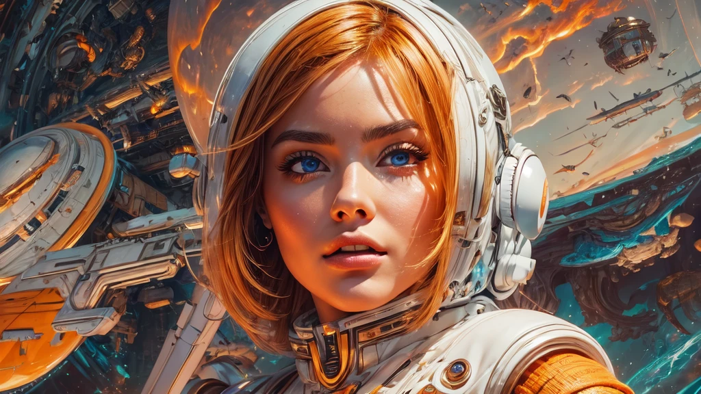 arafed image of a white woman in a futuristic suit with a spaceship in the background, movie art, in front of an orange background, inspired by Robert McGinnis, female protagonist, megastructure in the background, portrait of an ai astronaut, astronauts, an astronaut, portrait of a astronaut skeletor, perfect android girl, Highly Detailed Face and Skin Texture, Detailed Eyes, Double eyelids, perfectly detailed teeth, frank franzzeta and sakimichan  