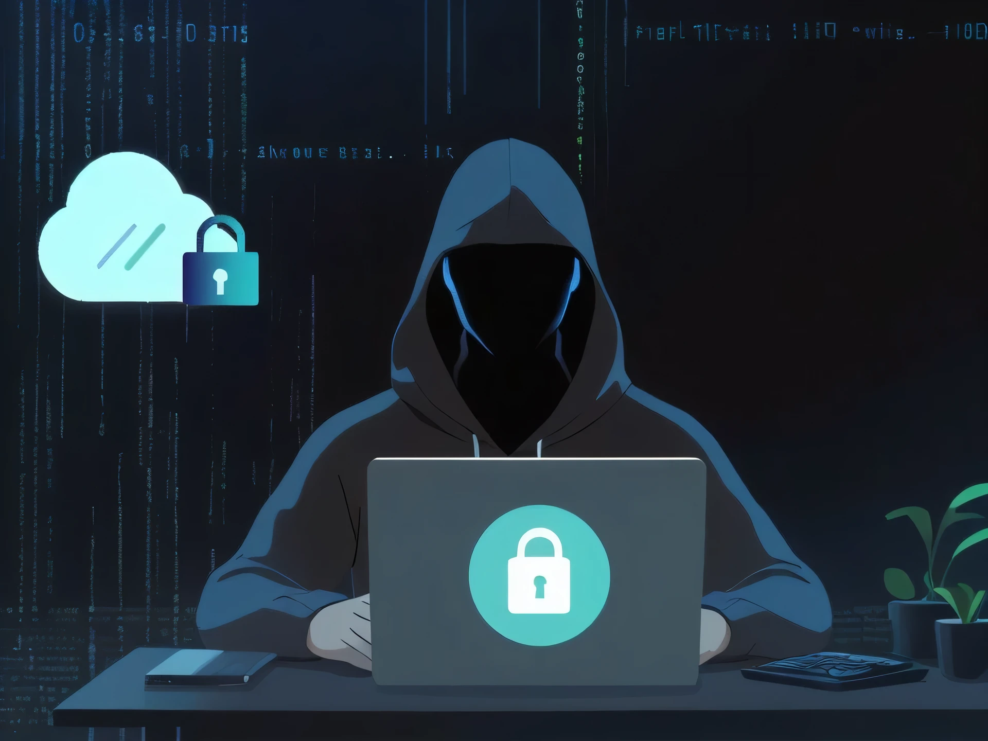 A picture of a person wearing a hoodie sitting at a table，Holding a laptop in hand，A picture of a cloud next to it, hacker, hacker, The encrypted metaverse, Network polygons, hacker into the mainframe, Man stealing, hacker effects, 3840 x 2160, 3840x2160, Internet hacker, anonymous