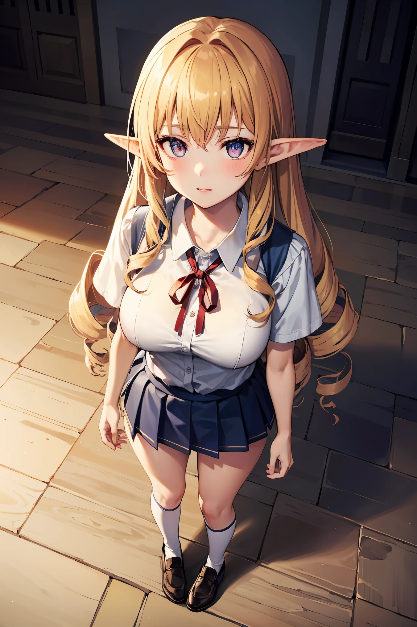 1girl, elinalise, elf, pointy ears, red eyes, blonde hair, hair drills,medium breast, 
BREAK (skirt, shirt, ribbon, , white shirt, short sleeves, pleated skirt, shoes, socks, blue skirt, white socks, collared shirt, red ribbon:1.2)
BREAK standing, full body, from above BREAK (masterpiece:1.2), best quality, high resolution, unity 8k wallpaper, (illustration:0.8), (beautiful detailed eyes:1.6), extremely detailed face, perfect lighting, extremely detailed CG, (perfect hands, perfect anatomy),