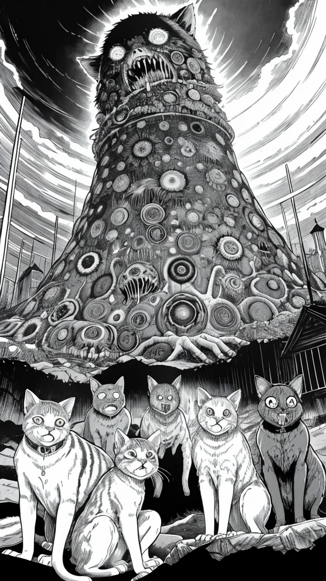 Group of stray cats by Junji Ito, Horror Manga, grotesque, creepy, high detail, intricate background, hand drawn, high contrast, masterpiece 