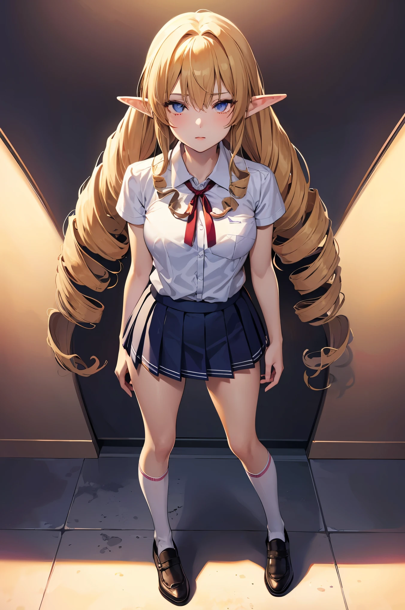 1girl, elinalise, elf, pointy ears, red eyes, blonde hair, hair drills,medium breast, 
BREAK (skirt, shirt, ribbon, , white shirt, short sleeves, pleated skirt, shoes, socks, blue skirt, white socks, collared shirt, red ribbon:1.2)
BREAK standing, full body, from above BREAK (masterpiece:1.2), best quality, high resolution, unity 8k wallpaper, (illustration:0.8), (beautiful detailed eyes:1.6), extremely detailed face, perfect lighting, extremely detailed CG, (perfect hands, perfect anatomy),