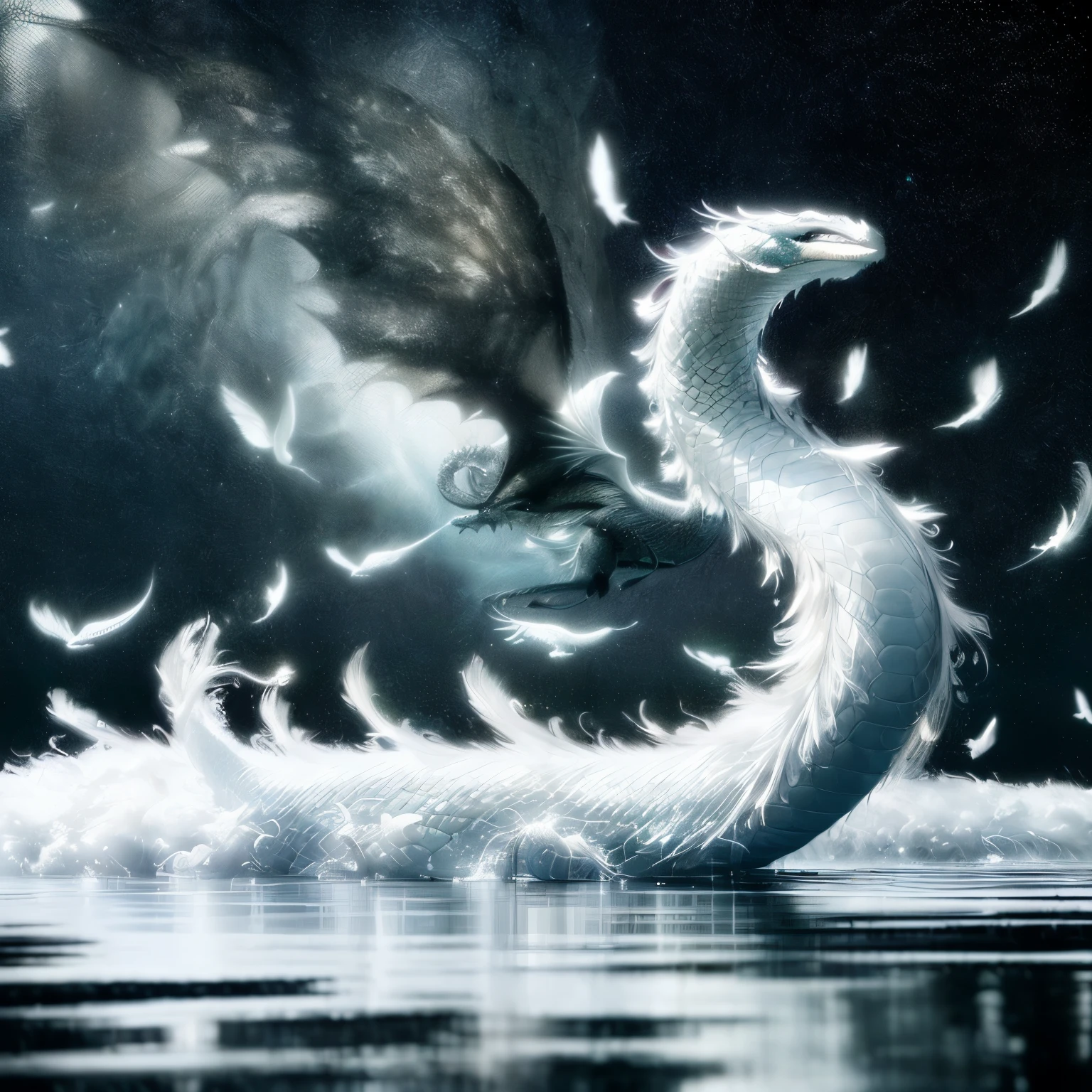 White snake floating in the water, Mythical creatures, Mysterious Eel, Beautiful digital art, A dragon made of clouds, sea snake, Mystical large winged serpent, Digital painting of Quetzalcoatl, a Mythical creatures, Jormungand, Jormungand, Winged dragon snake, とてもBeautiful digital art, Fantasy creatures