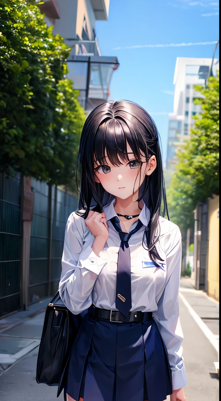 girl, convent, wet white shirt, long sleeve, Loose tie, Navy blue short skirt, black belt,