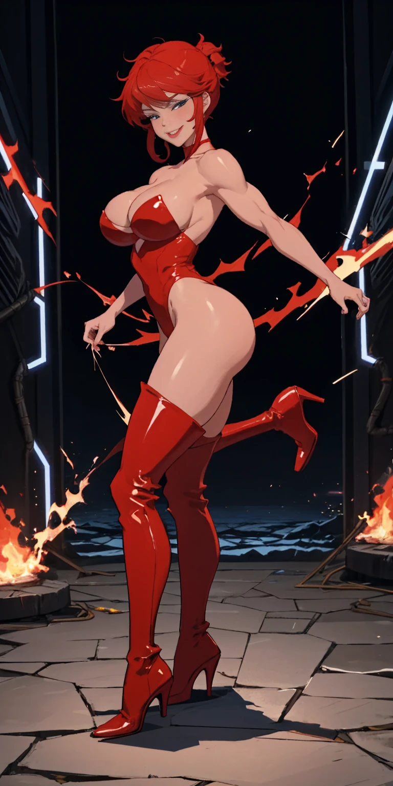 full body standing good face, nice ass, red spiky hair, beautiful woman, wide hips, cleavage, jumpsuit, leotard, heavy boots, apocalypse, muscular, thighs, mature woman, abs, looks at the viewer, lustful smirking smile face red blush