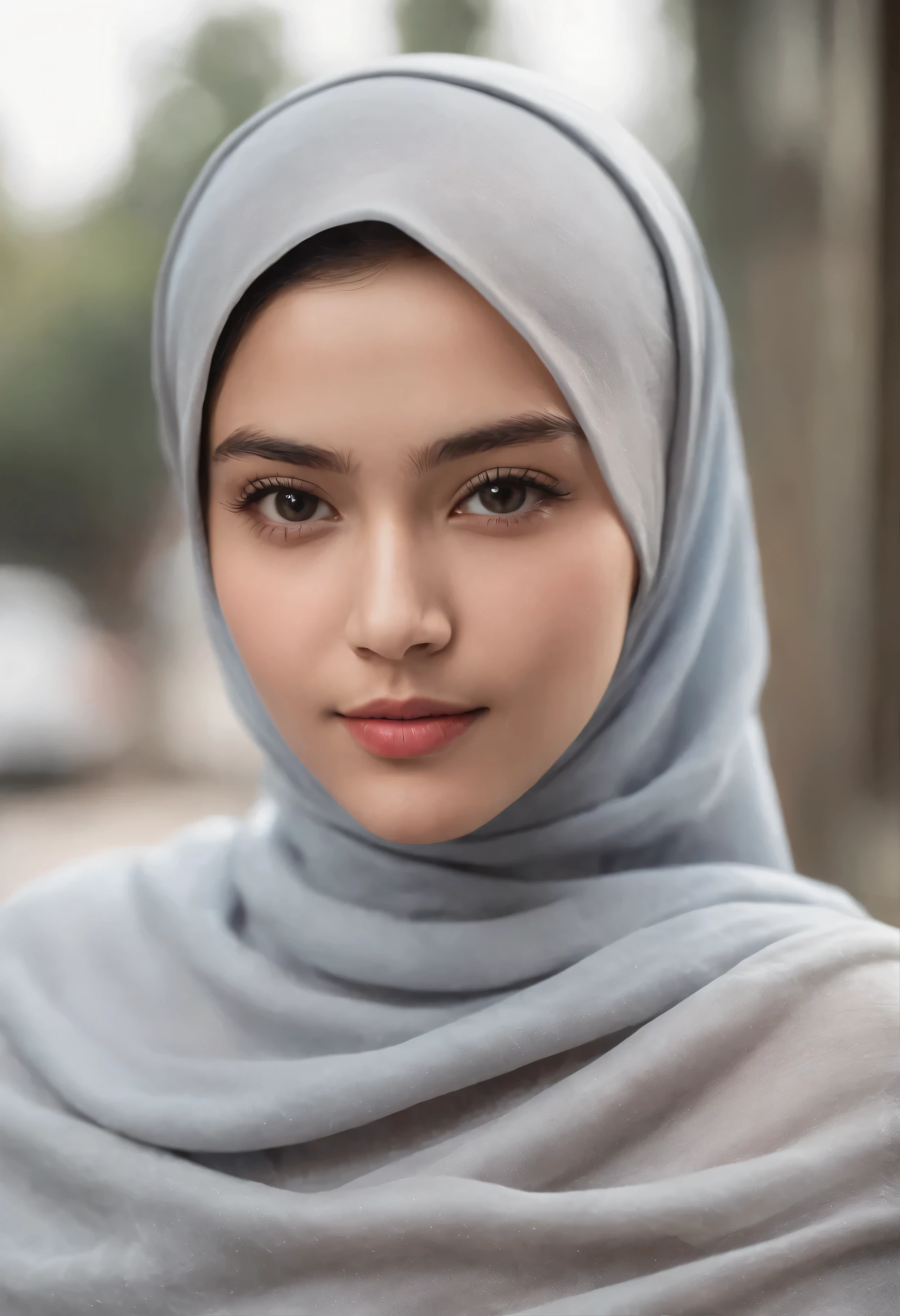 Photo portrait of a beautiful Bandung girl wearing a hijab and dimples, around 17 years old, (plain grey hijab), (portrait medium shot:1.3), dramatic light, Rembrandt lighting scheme, (hyperrealism:1.2), (8K UHD: 1.2), ( photorealistic:1.2), shot with Canon EOS 5D Mark IV, facial detail, skin texture detail. sitting on the car