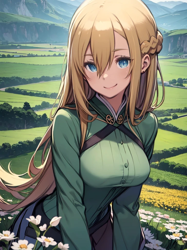 masterpiece、highest quality、High resolution、Very detailed、Close-up、Medium wide shot、Mature Woman、(mint, blue eyes, braid, green uniform, long sleeves、Hair between the eyes、Long blonde)、Big Breasts、Smiling、Leaning forward、Leaning body、grassland、blue sky、Flower Field、Peering into the audience、Fantasy、