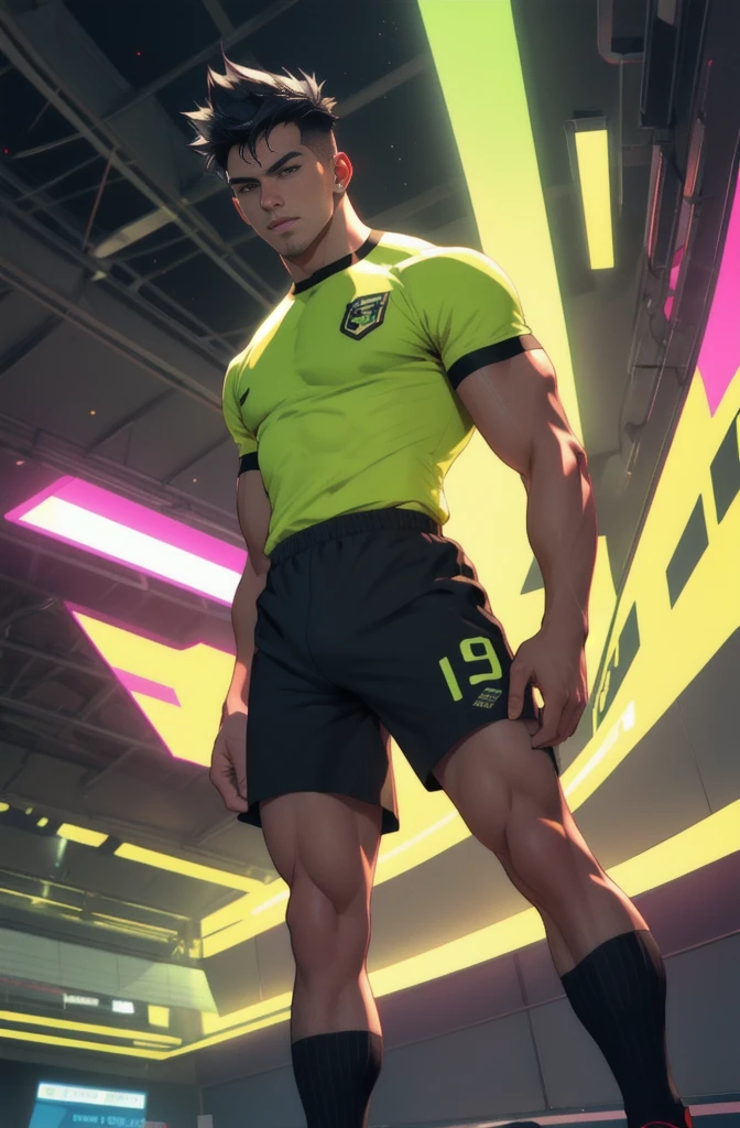 One man daddy solo, male chest focus, tight sportswear, realistic, shorts, soccer, tight soccer uniform, black hair, socks, manly, holding the package, standing, slim waist, kneehighshotmasterpiecebest qualityultra detailed, muscular man, unity 8k wallpaperneon lighting, (vibrant glow):1.2, dynamic colors, striking contrast, futuristic vibe, electric energy, reflective surfaces
