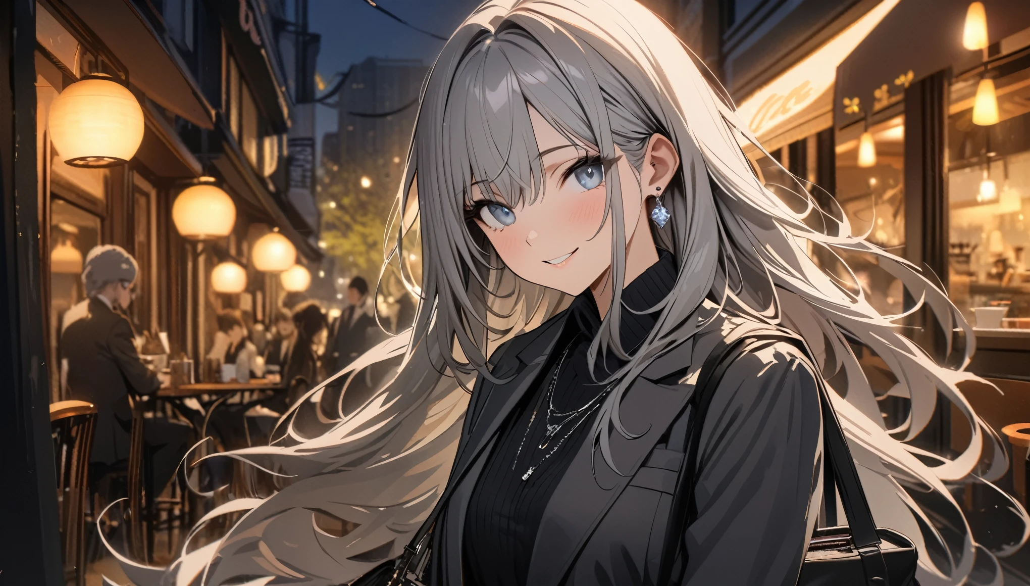 masterpiece, highest quality, Ultra-high resolution, Ultra-fine, 4K, 8k, highest quality, beautiful, Cute Woman, alone, (beautiful,Gray Hair, beautiful eyes, Long Hair, smile), Cafe,night,suit,necklace, Earrings, accessories, bag, Great lighting,Excellent resolution,, Audio Notes,