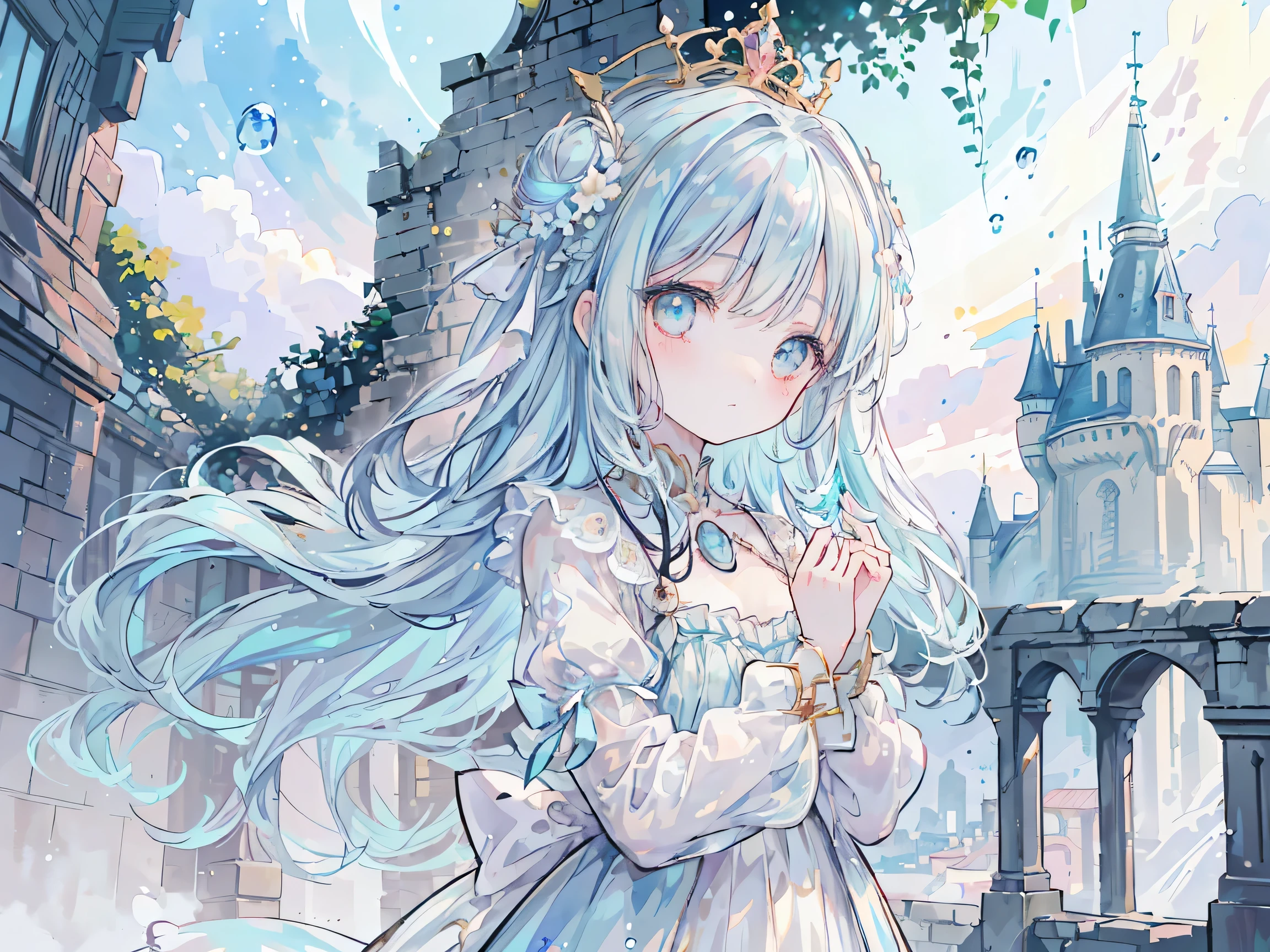 masterpiece, best quality, extremely detailed, (illustration, official art:1.1), 1 girl ,(((( light blue long hair)))), light blue hair, ,, long hair ((blush)) , cute face, big eyes, masterpiece, best quality,(((((a very delicate and beautiful girl))))),Amazing,beautiful detailed eyes,blunt bangs((((little delicate girl)))),tareme(true beautiful:1.2), sense of depth,dynamic angle,,,, affectionate smile, (true beautiful:1.2),,(tiny 1girl model:1.2),)(flat chest)),(((masterpiece, best quality, 8k resolution, sharp focus, Intricate details, beautiful girl, bright eyes, Face Golden Ratio, otherworldly liquid, watercolor, ((Pastel)), Bright colors, whimsical, Multifaceted, focus sharp, very high resolution, fine detail, fantasy princess ball gown, ((round eyes)), iridescent bubbles, castle landscape in the background)
