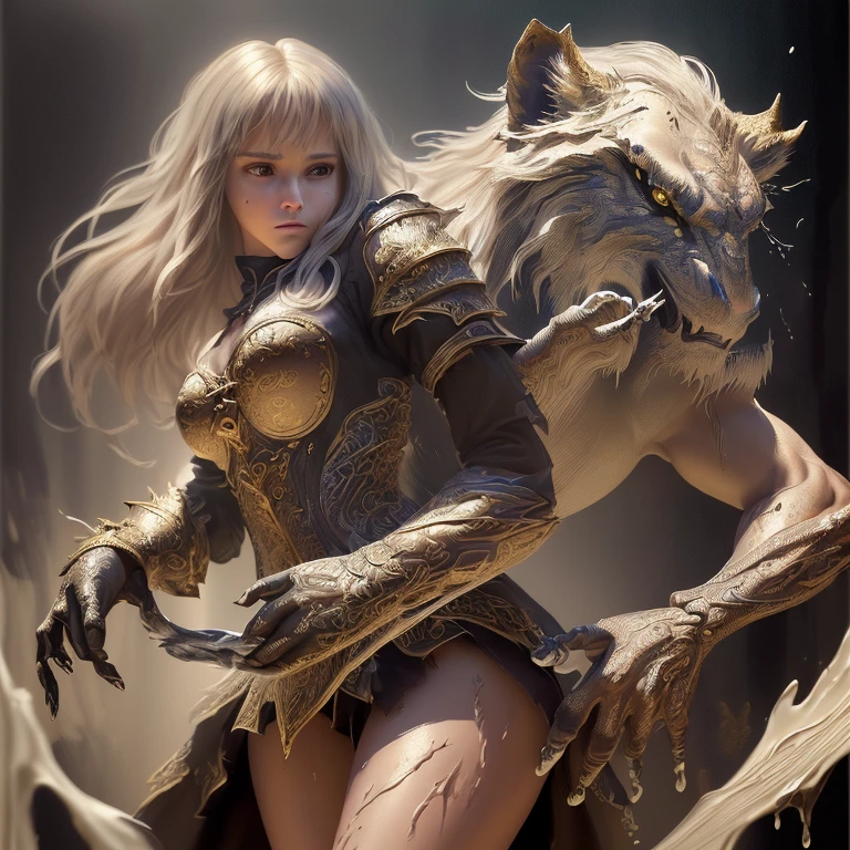 (((medium full shot))), (Masterpiece, photorealistic, photorealism, best quality, ultra-detailed:1.3), (nice hands, perfect hands), official art, cinematic light, (1girl:1.3), adult, video game environment, high fantasy realm, wearing loin clothes as mythical creature, epic, sharp focus, intricate, dramatic light, brush strokes, acrylic painting, splatter and drip painting technique