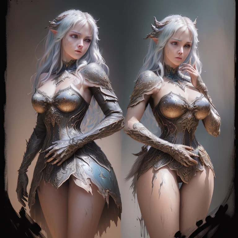 (((medium full shot))), (Masterpiece, photorealistic, photorealism, best quality, ultra-detailed:1.3), (nice hands, perfect hands), official art, cinematic light, (1girl:1.3), adult, video game environment, high fantasy realm, wearing loin clothes as mythical creature, epic, sharp focus, intricate, dramatic light, brush strokes, acrylic painting, splatter and drip painting technique